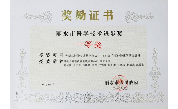 丽水市科学技术进步奖一等奖